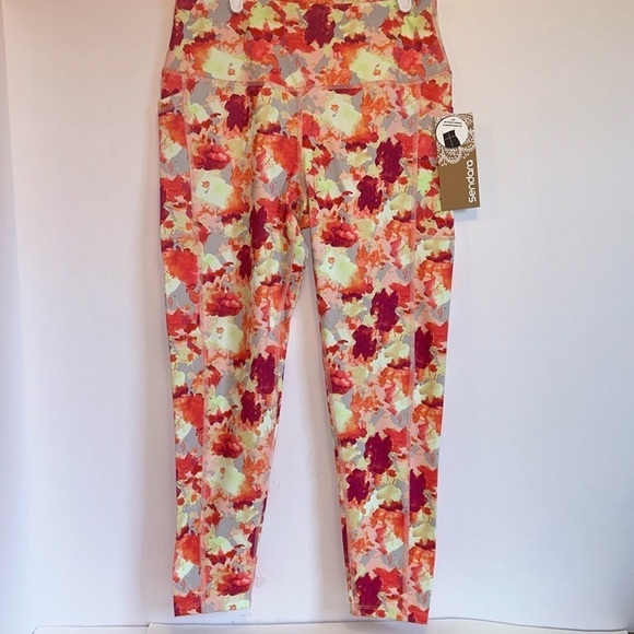 Sendara New York Pink Yellow  Floral HighWaisted Athletic Leggings Woman’s M - Picture 1 of 11